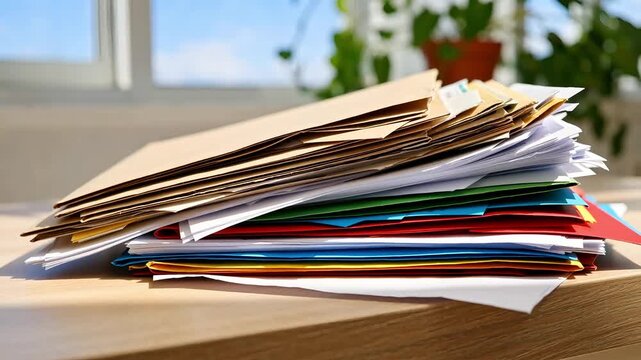 Stack of colorful paper folders and documents lying on office wooden table