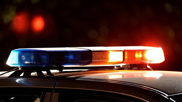 Flashing red and blue emergency lights mounted on roof of police car at night