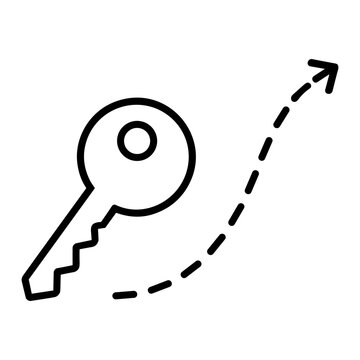 Minimalist black outline of a key accompanied by a dotted curved arrow pointing upward-right, symbolizing key transfer, access migration, credential export, movement and growth