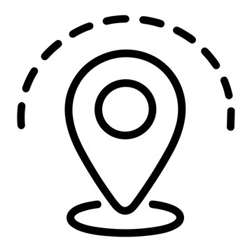 Minimalist black outline location pin icon with circular base and dashed semicircle above, symbolizing geolocation, GPS, map marker, tracking, pinpoint accuracy services
