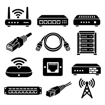 Black Network Hardware Icons Set with Routers and Ethernet Cables