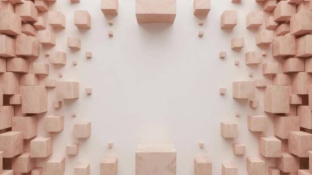 Abstract Geometric Architecture Featuring Floating Terracotta Cubes Around Pale Central Space