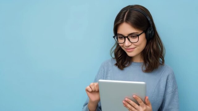 Young Adult Woman Using Tablet with Headphones and Glasses Against Blue Background, Smiling Gently