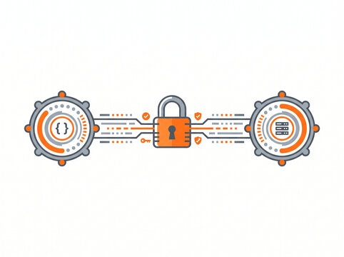 Secure API connection vector nodes with lock and circuit board icons
