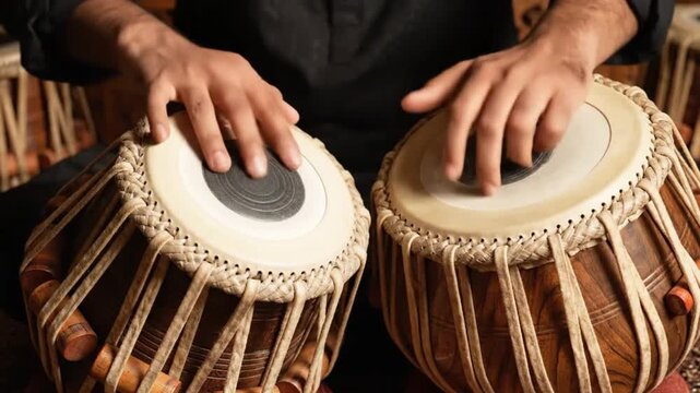 Close Up of Musician Hands Playing Tabla Drums Indian Traditional Percussion Instrument
