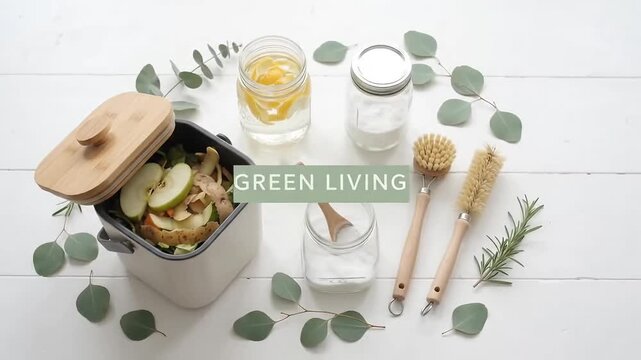 Flat lay of eco friendly zero waste cleaning supplies and compost bin