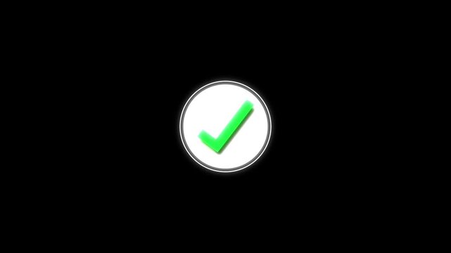 Check mark animation displays a drop shadow inside a circular ring on dark. Task completion data validates on check mark. Quality assurance compliance clears mark.