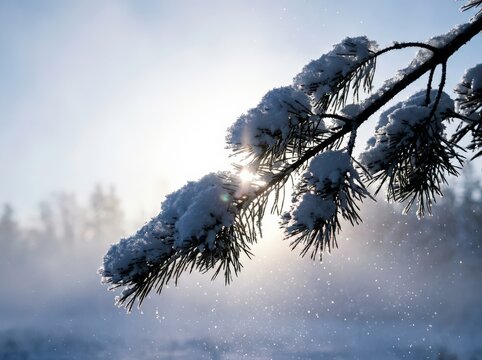 Pine branch covered with snow in winter sunlight