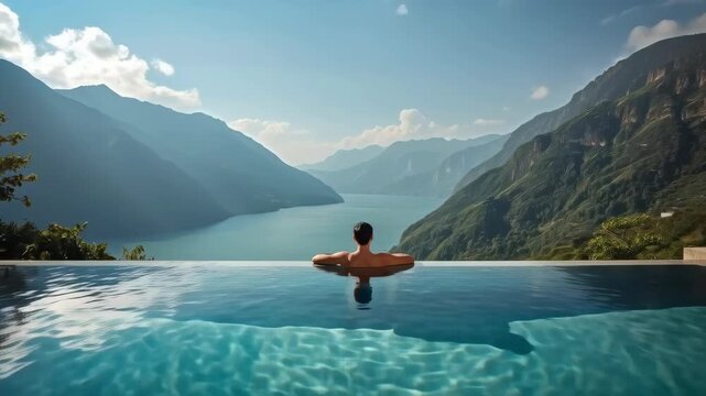 Infinity Pool Swimmer Overlooking Mountain Lake, Valley and Alpine Mountain Landscape