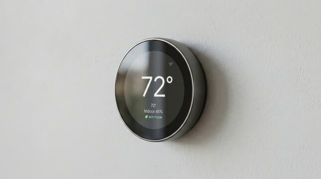 Round thermostat mounted on an interior wall