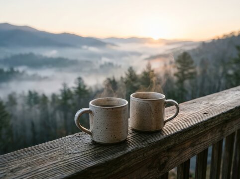 Coffee mugs on a mountain deck at sunrise