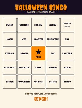 Halloween bingo game card printable template with spooky word squares and free star space, classroom and party game design