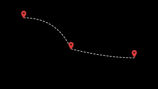 animated travel route with red location map pins marking path trajectory and destination for navigation presentation