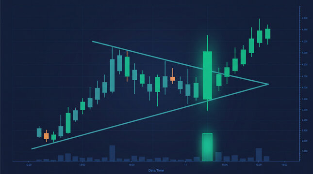 Stock market candlestick charts with upward trend and volume bars on a dark teal background