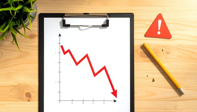 Top view of a clipboard showing a downward red trend line beside a warning sign and pencil, representing declining performance, losses, and financial analysis.