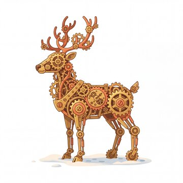 Steampunk Mechanical Reindeer with Brass and Copper Gears in Winter Snow