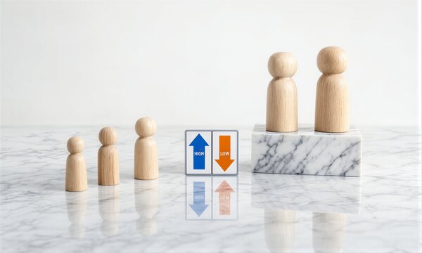 Wooden figures represent social hierarchy with height and value indicators.
