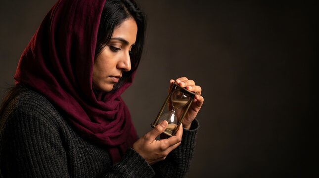 Woman wearing a maroon headscarf holding a vintage hourglass against a dark background while contemplating the passage of time