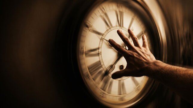 Hand reaching out to touch a spinning vintage clock face representing the passage of time