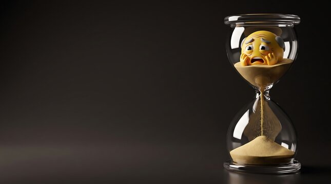 Fearful elderly emoji character sinking in sand inside an hourglass on a dark background representing the fear of time passing