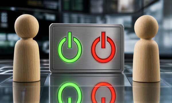Two wooden figures face a glowing power button switch, one green, one red.