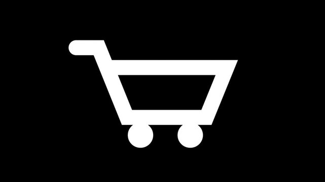 White animated shopping cart moving fast with speed effect on black background, representing fast delivery, online shopping, e-commerce, and quick checkout process.