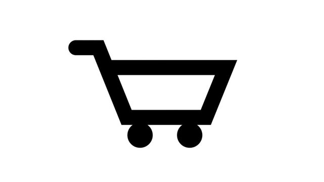 Black animated shopping cart moving fast with speed lines on clean white background, ideal for e-commerce, online retail, Express delivery, and checkout concepts.