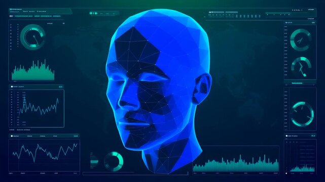 青く光るデジタルポリゴンの頭部とデータ画面が広がる最先端の人工知能空間を描いたサイバーグラフィックグラフィックス
