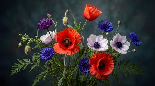 Spring wildflowers bouquet with poppies cornflowers anemones thistle on dark background featuring copy space