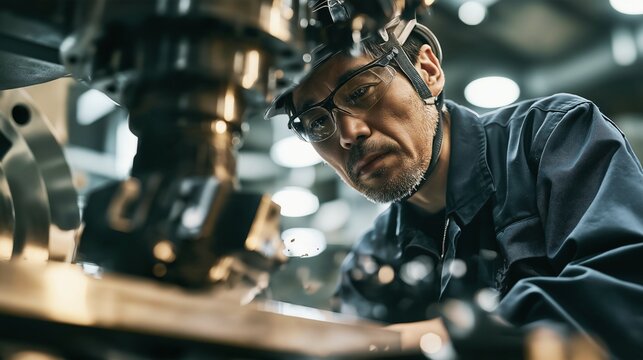 A skilled worker performing precision machining on metal parts using a milling machine and cutting tools in a factory.
