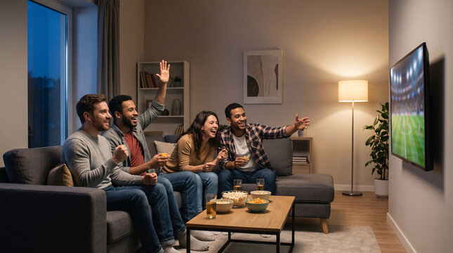 Groupe d&rsquo;amis encourageant son &eacute;quipe devant un match &agrave; la t&eacute;l&eacute;vision