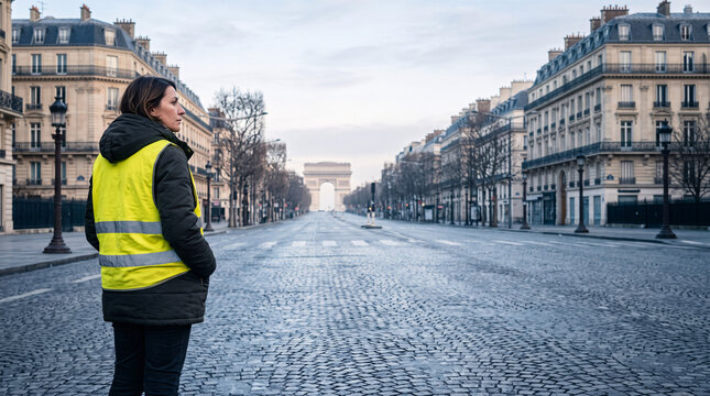 Manifestant en gilet jaune debout dans une grande avenue parisienne