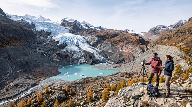 Chercheurs observant un glacier de montagne en recul