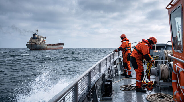 &Eacute;quipage de secours en mer approchant un navire &agrave; bord d&rsquo;un bateau