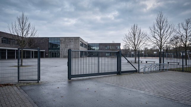 Entr&eacute;e et cour d&rsquo;un &eacute;tablissement scolaire vide