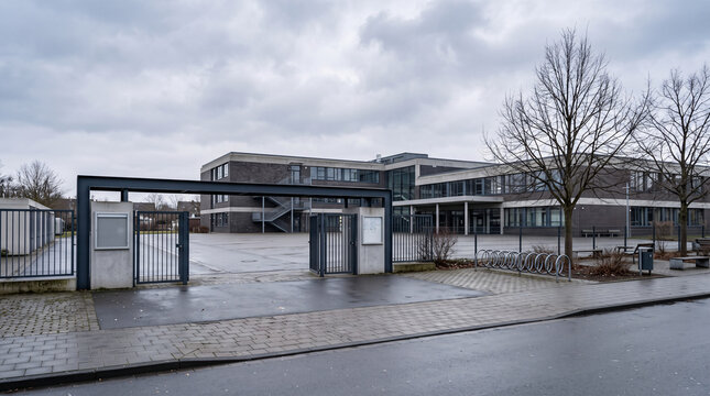Entr&eacute;e et cour d&rsquo;un &eacute;tablissement scolaire vide