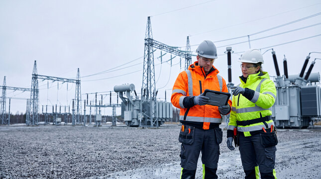 Techniciens inspectant un transformateur dans un poste &eacute;lectrique