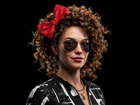 Woman with curly hair and red bow wearing aviator sunglasses