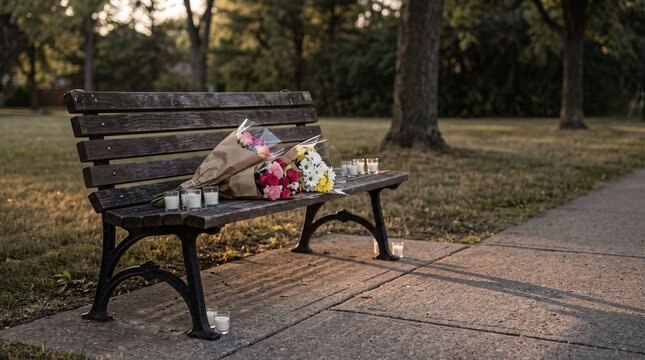 Bouquets de fleurs et hommages d&eacute;pos&eacute;s sur un banc de parc