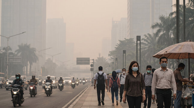 Pi&eacute;tons traversant une ville recouverte de pollution atmosph&eacute;rique