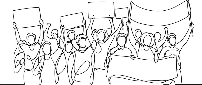 Line drawing of a crowd of protesters holding signs and banners.
