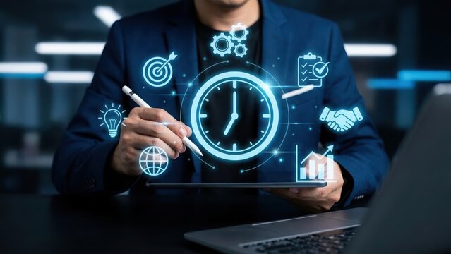 Business person using a stylus on a tablet with a glowing digital interface showing time management, productivity, and project planning