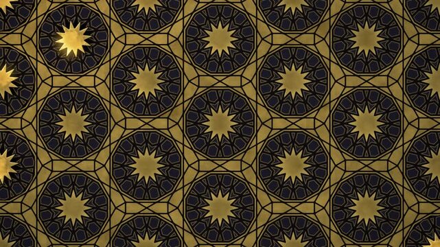 Gold geometric star pattern background with glowing stars lighting up in a wave across navy tiles