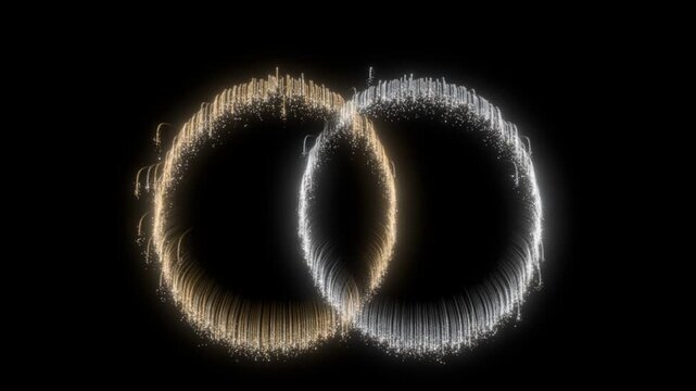 Gold and silver particle rings interlocking after two sparks rise, then dissolving into glitter on black