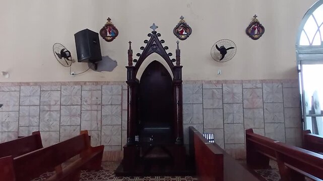 A wooden confessional, a small booth used for the Sacrament of Confession, at the Church of Our Lady of Remedies, in S&atilde;o Lu&iacute;s, Maranh&atilde;o, Brazil.