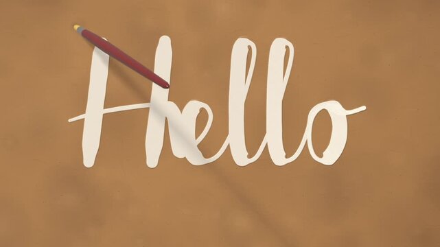 Hello hand lettering animation with paintbrush writing cream script, then gold underline accents on brown