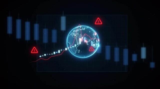 Global market crash with candlestick chart falling past rotating globe as red warning signs multiply