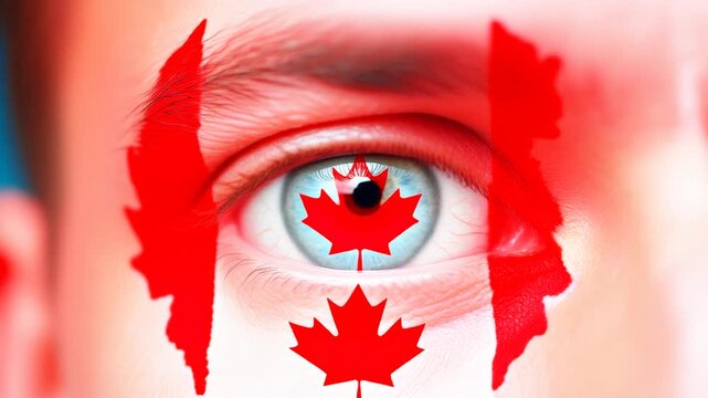 Extreme macro photorealistic footage of a fictional adult male eye with Canada face paint and natural ice-blue iris
