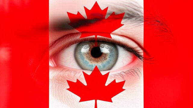 Extreme macro photorealistic footage of a fictional adult male eye with Canada face paint and cool steel-gray iris
