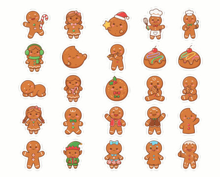 Cute living gingerbread cookies sticker pack for kids, sweet Christmas bakery cartoon illustration sheet of 20 kawaii characters